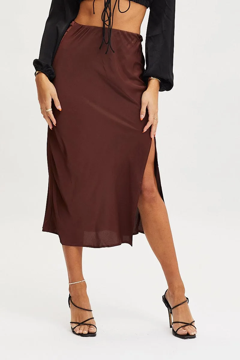 Brown Slip Skirt Midi Front Split