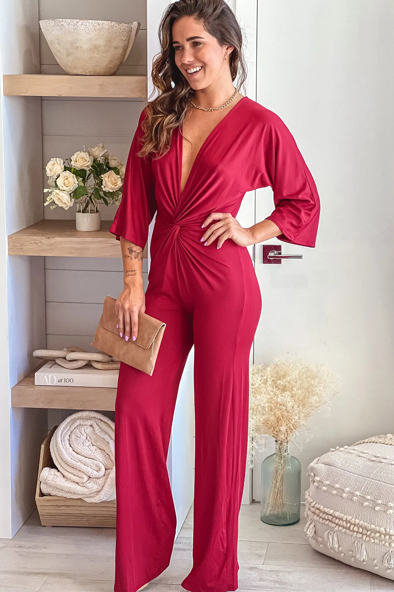 Burgundy Knot Front Jumpsuit