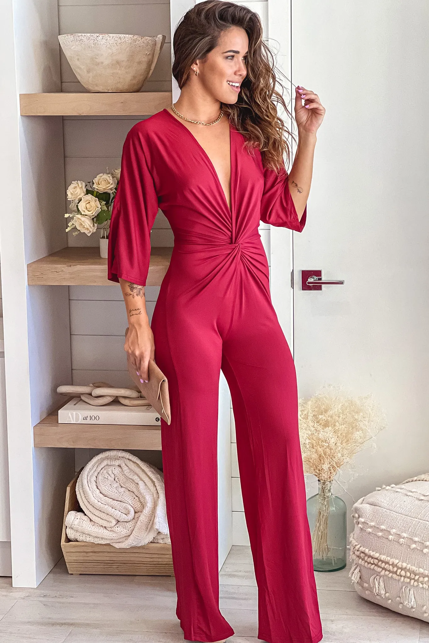 Burgundy Knot Front Jumpsuit