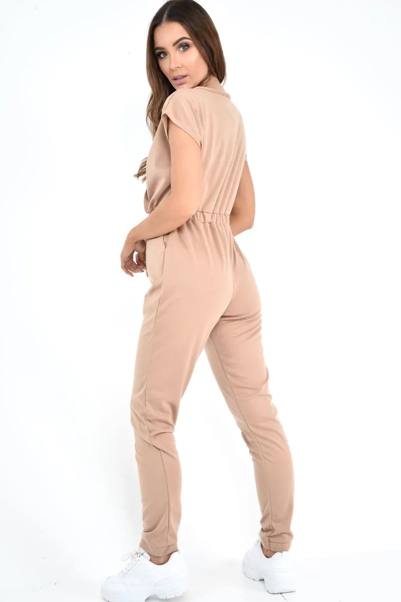 Camel Plunge Drawstring Waist Jumpsuit - Missie