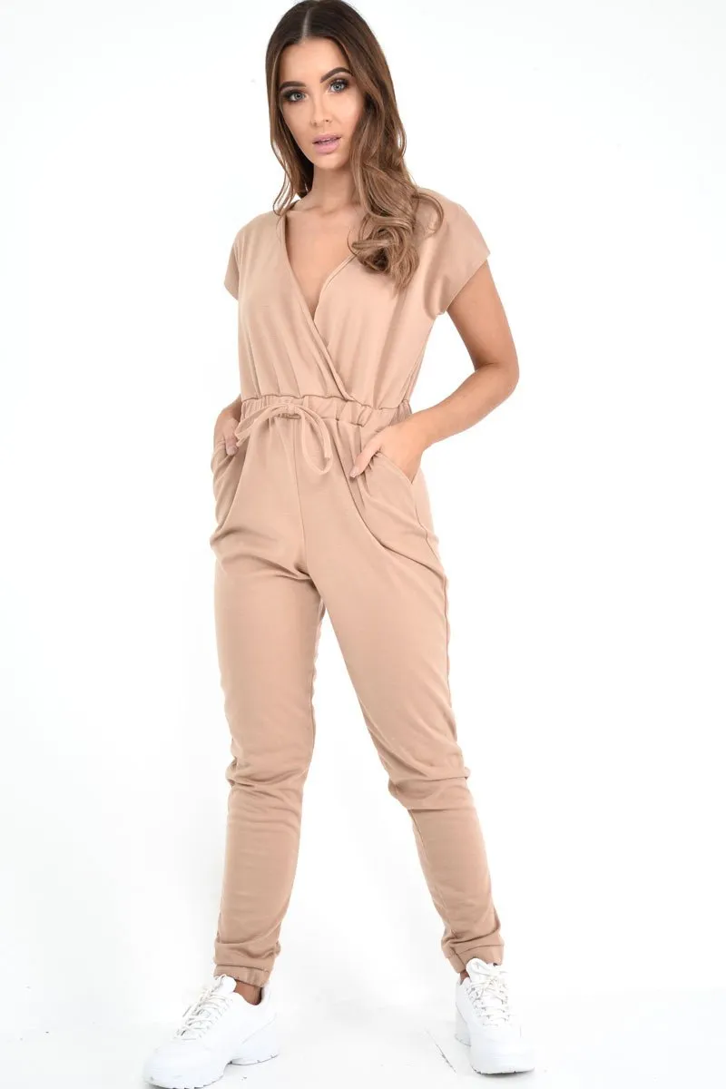 Camel Plunge Drawstring Waist Jumpsuit - Missie