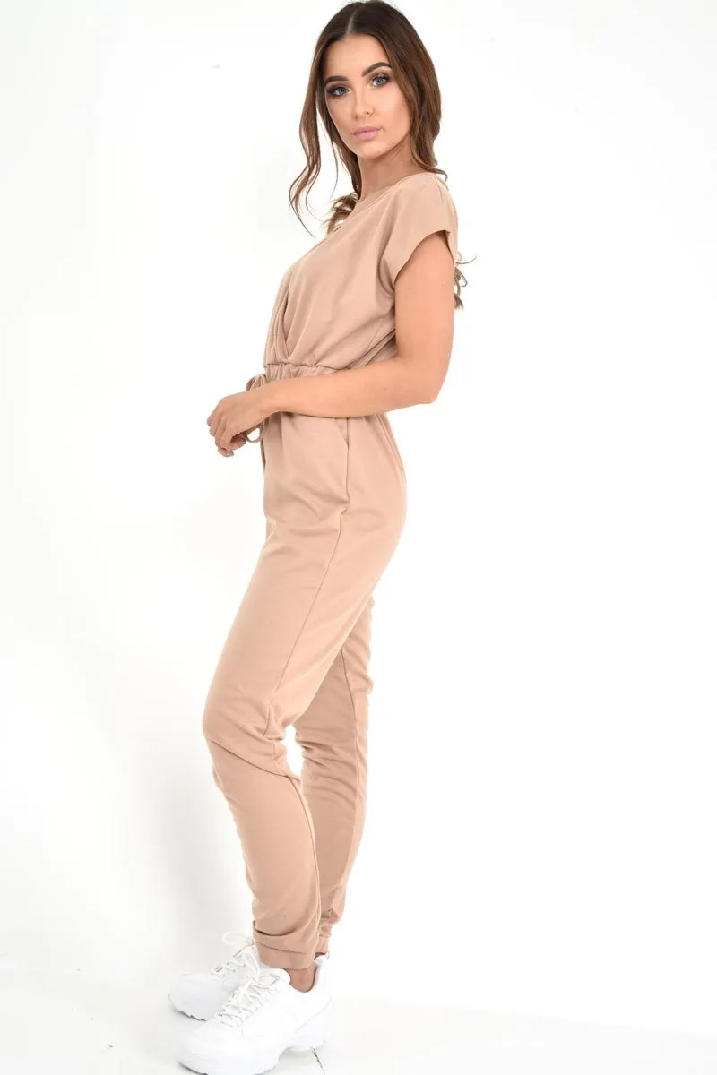 Camel Plunge Drawstring Waist Jumpsuit - Missie