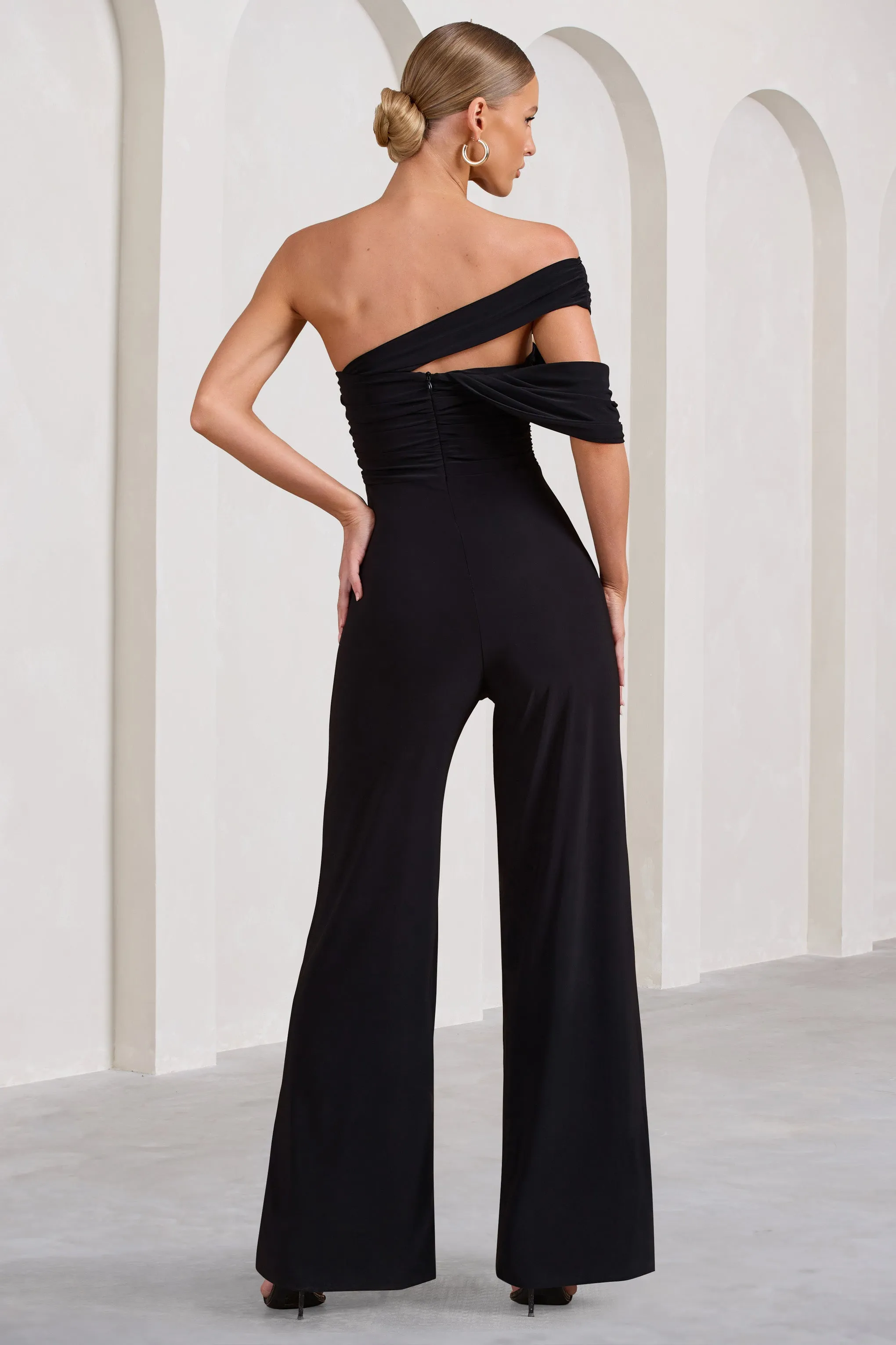 Candy | Black Asymmetric One Shoulder Ruched Jumpsuit