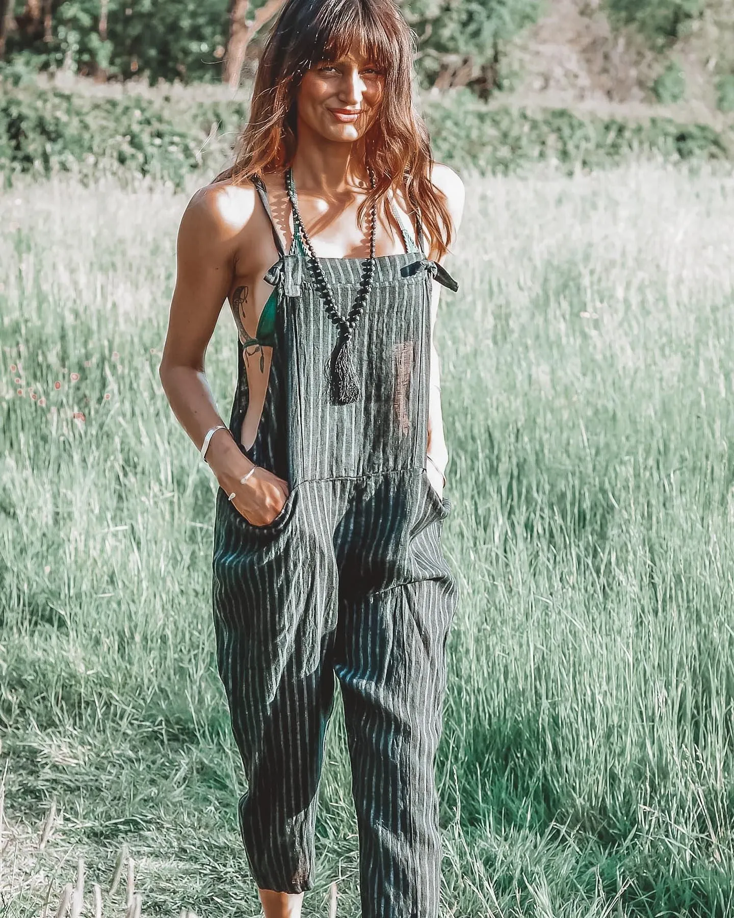 Casual Linen Cotton Shoulder Straps, Striped Printed Pants Jumpsuit