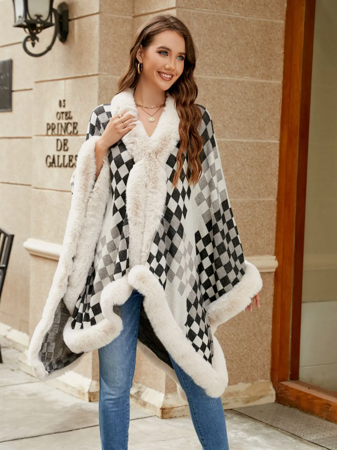 Checkered Faux Fur Trim Poncho