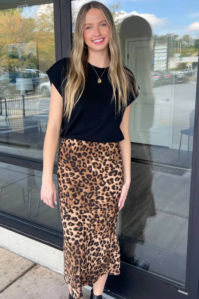 Cheetah Print Fitted Midi Skirt-Camel