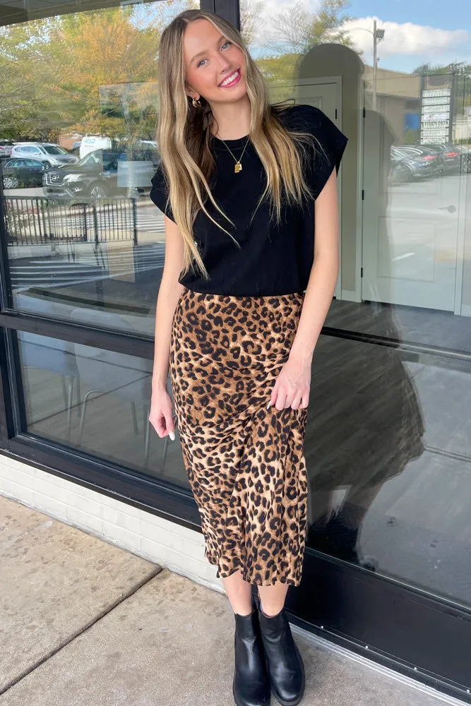 Cheetah Print Fitted Midi Skirt-Camel