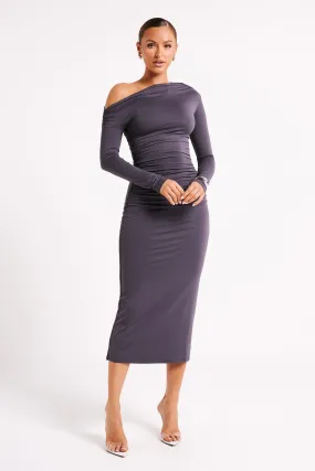 Christabel Recycled Nylon Ruched Midi Dress - Charcoal