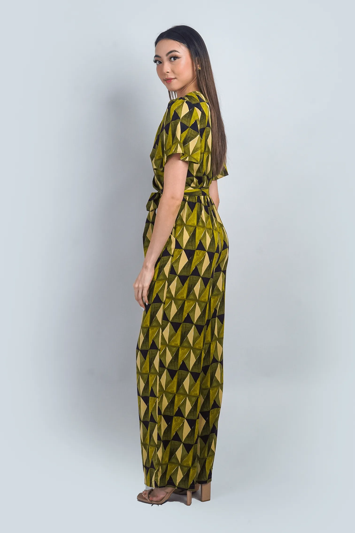 Citron Green Abstract Print Flutter Sleeve Jumpsuit