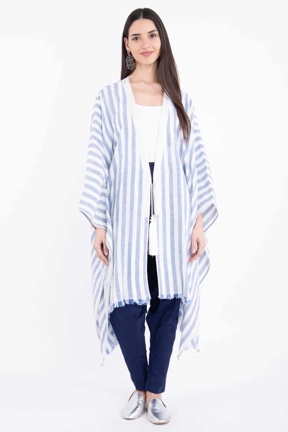 Classic Linen Striped Blue With White Poncho