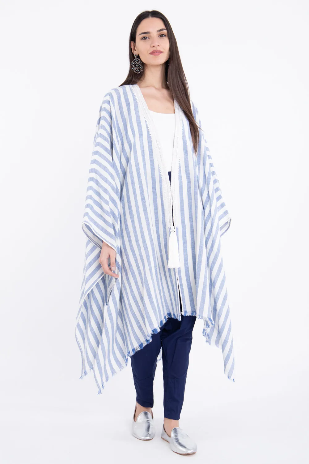 Classic Linen Striped Blue With White Poncho