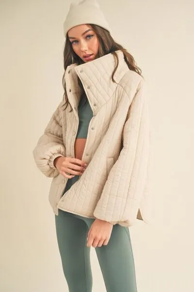 Classic Silhouette Quilted Snap Down Jacket in Cream