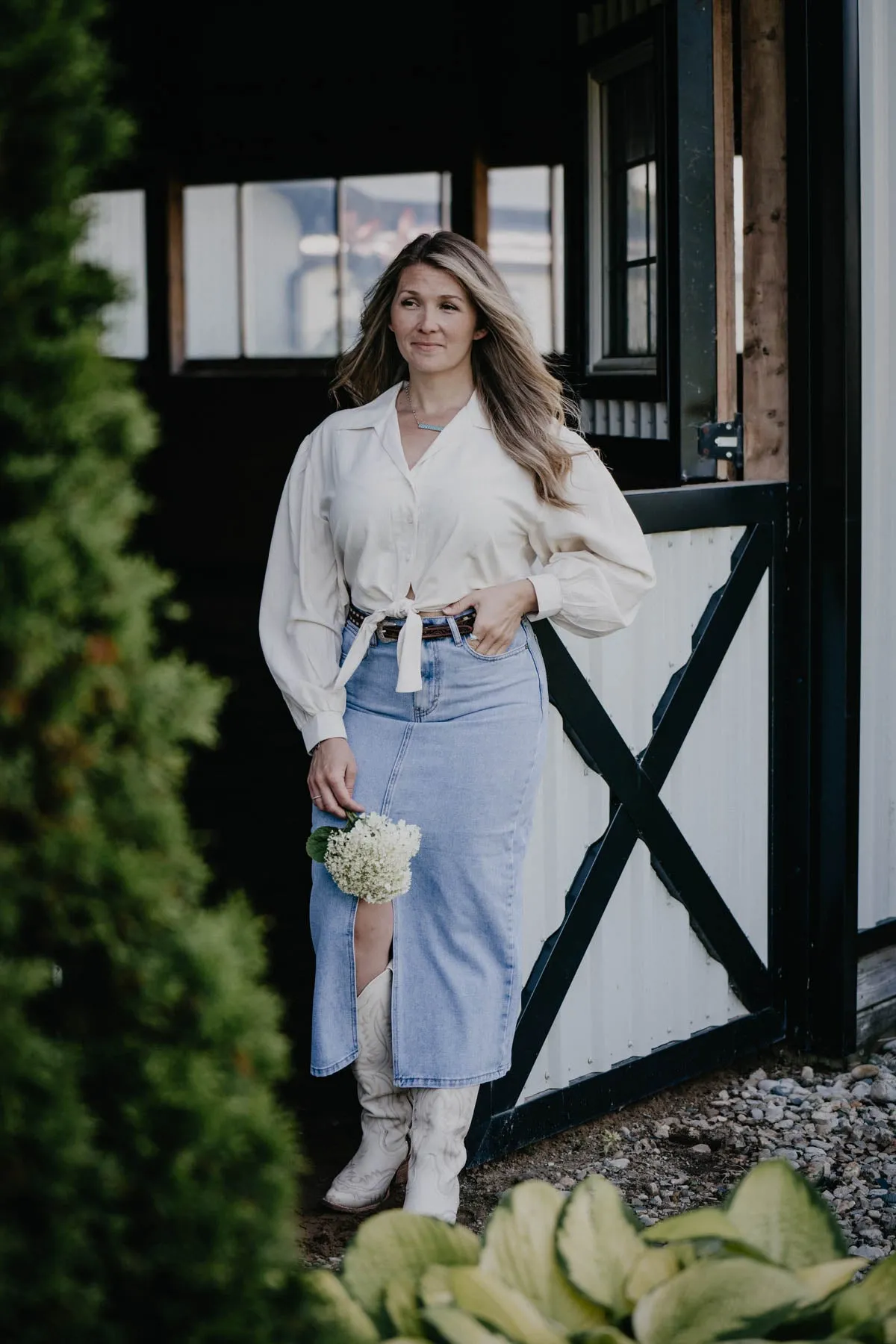 'Clover' Denim Midi Skirt with Slit (S-L)