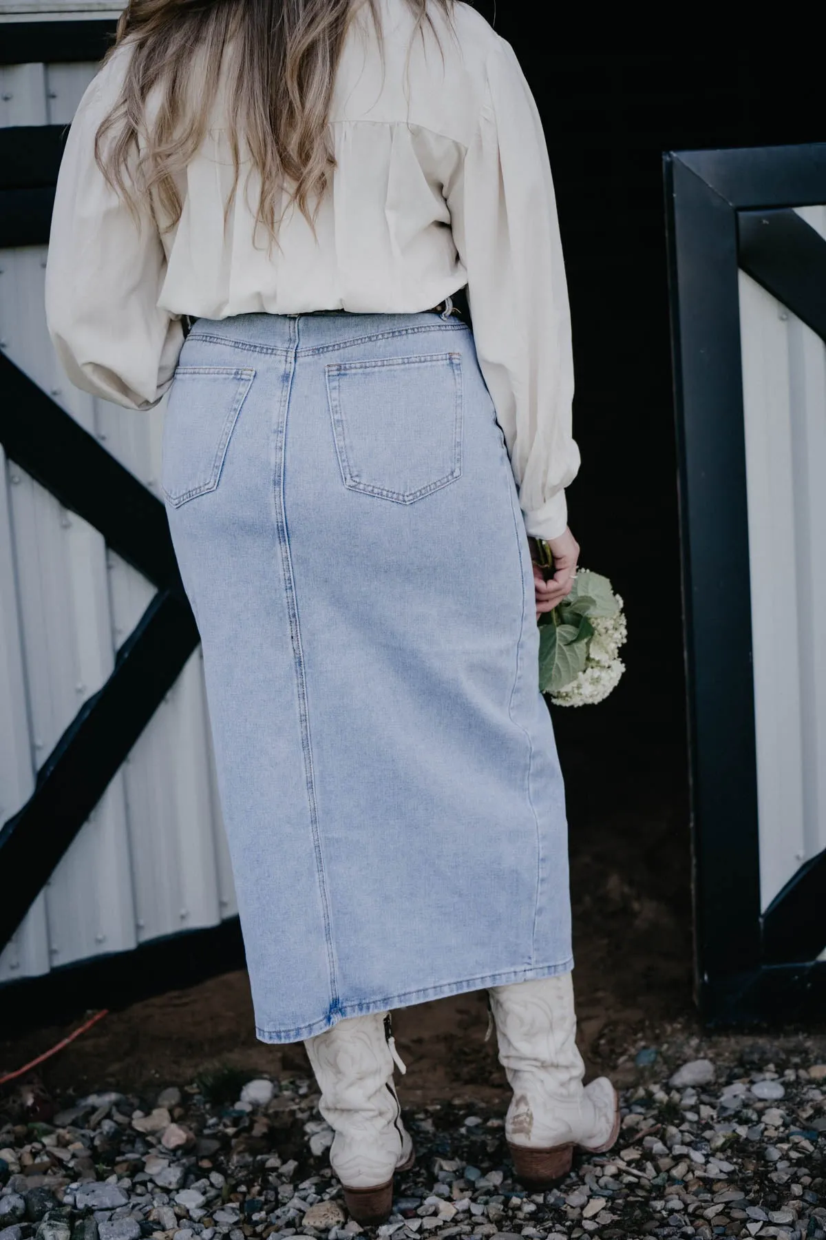 'Clover' Denim Midi Skirt with Slit (S-L)