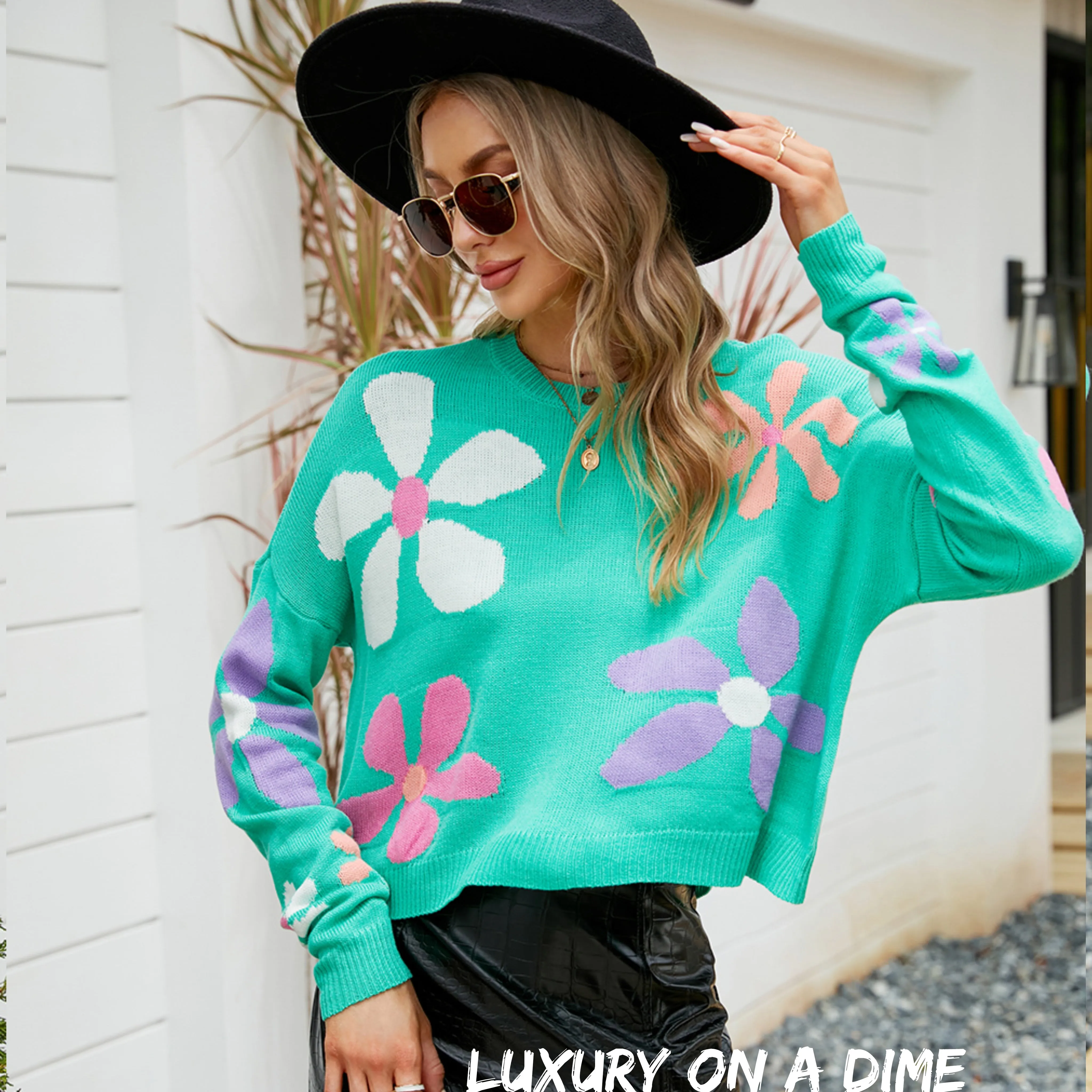 Colorful Knit Daisy Retro Flower Crop Top Long Sleeve Round Neck Sweater Shirt