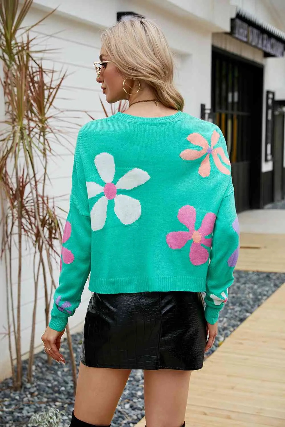 Colorful Knit Daisy Retro Flower Crop Top Long Sleeve Round Neck Sweater Shirt