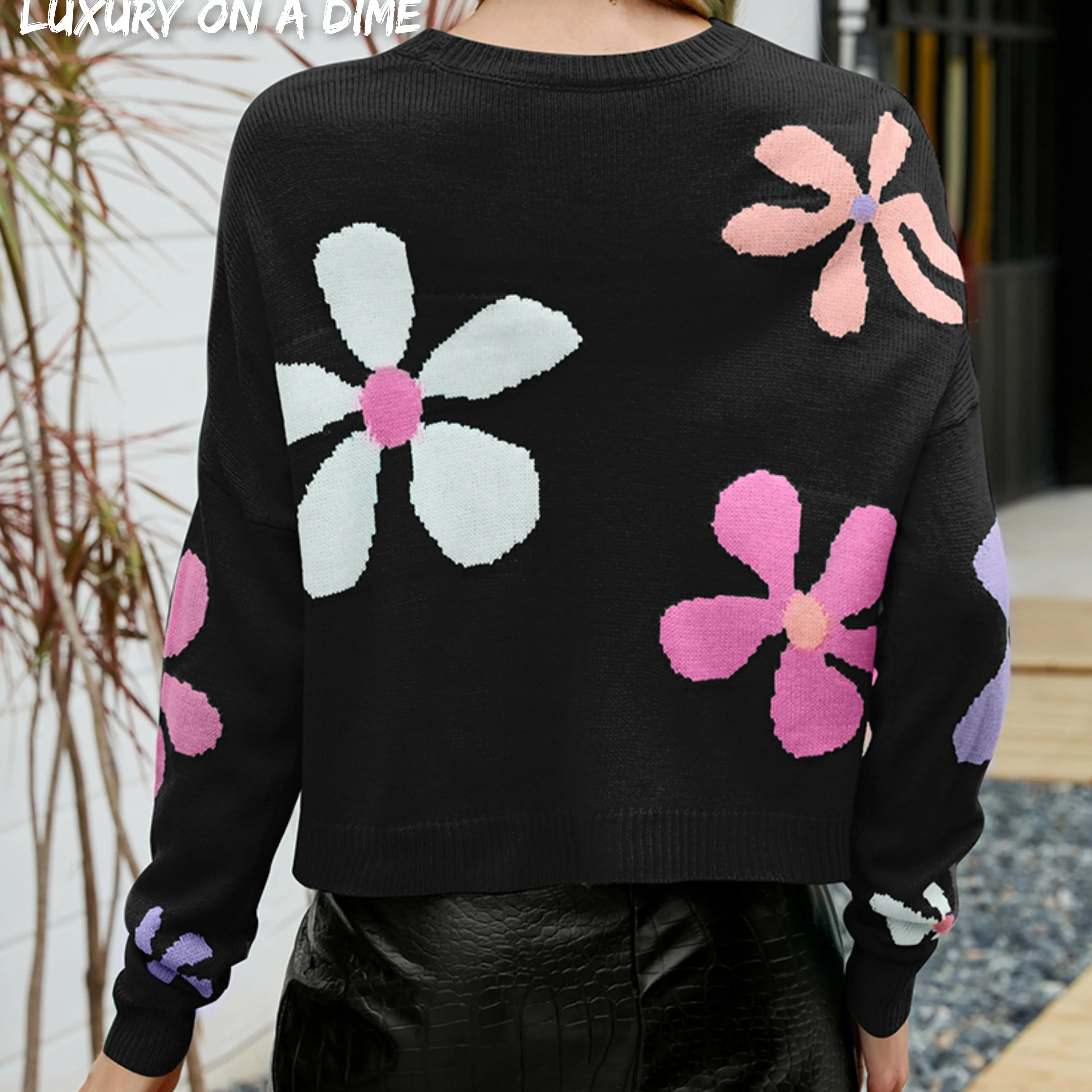 Colorful Knit Daisy Retro Flower Crop Top Long Sleeve Round Neck Sweater Shirt