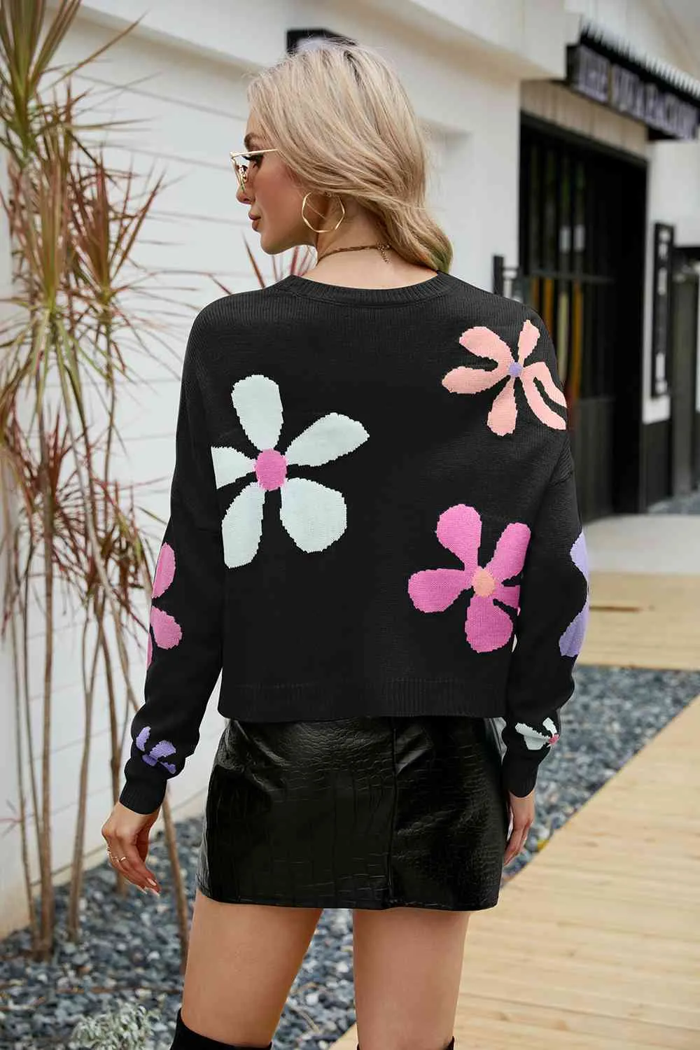 Colorful Knit Daisy Retro Flower Crop Top Long Sleeve Round Neck Sweater Shirt