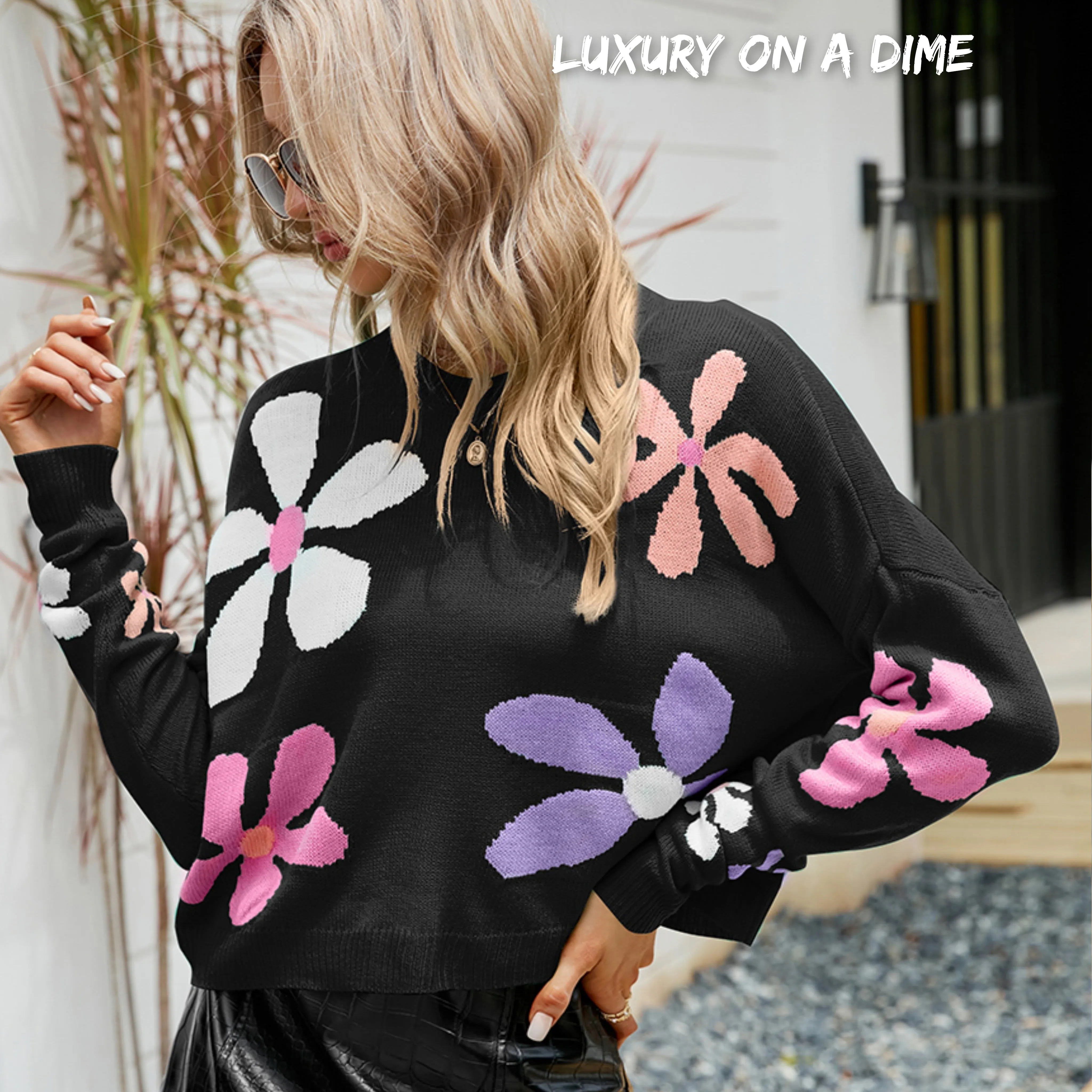 Colorful Knit Daisy Retro Flower Crop Top Long Sleeve Round Neck Sweater Shirt