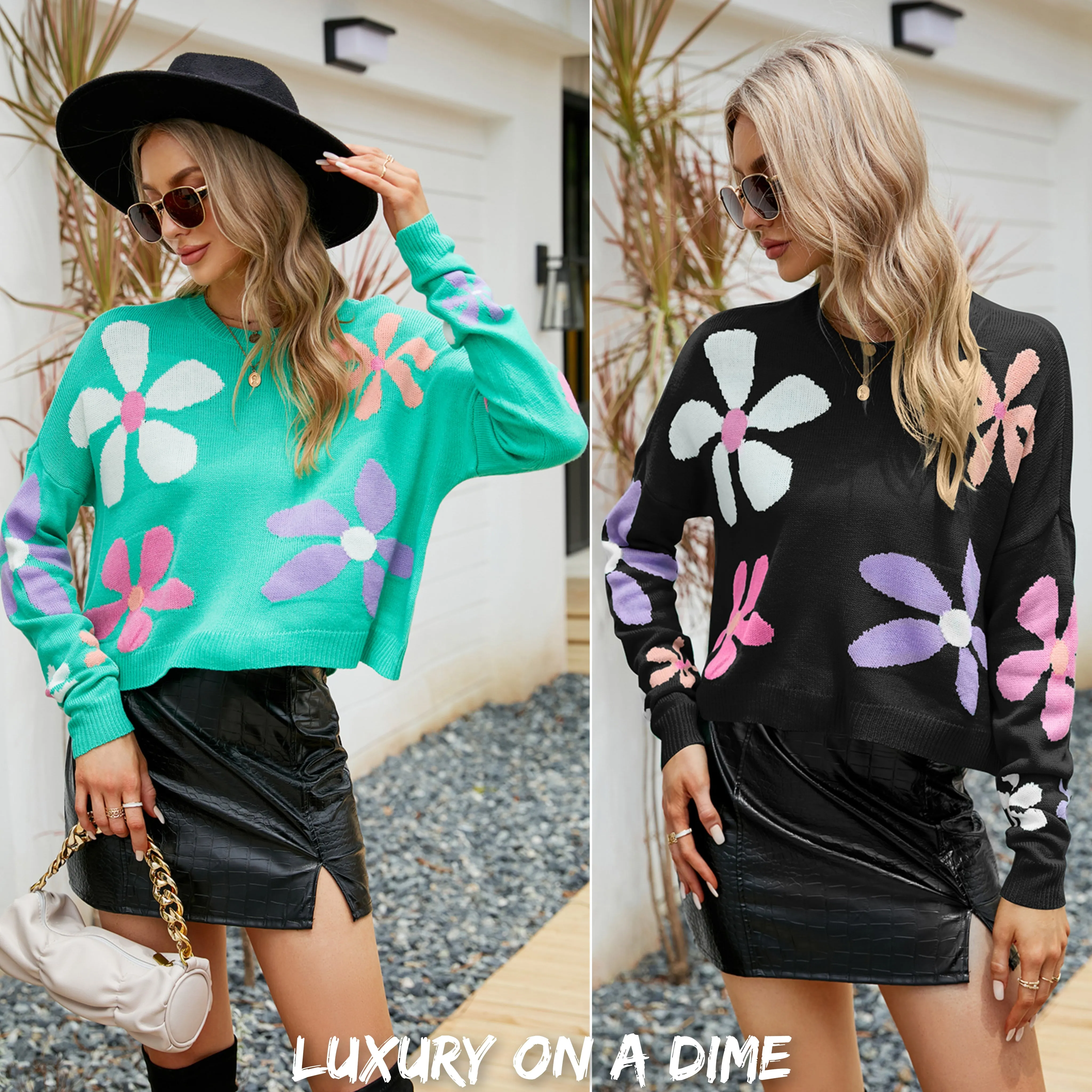 Colorful Knit Daisy Retro Flower Crop Top Long Sleeve Round Neck Sweater Shirt