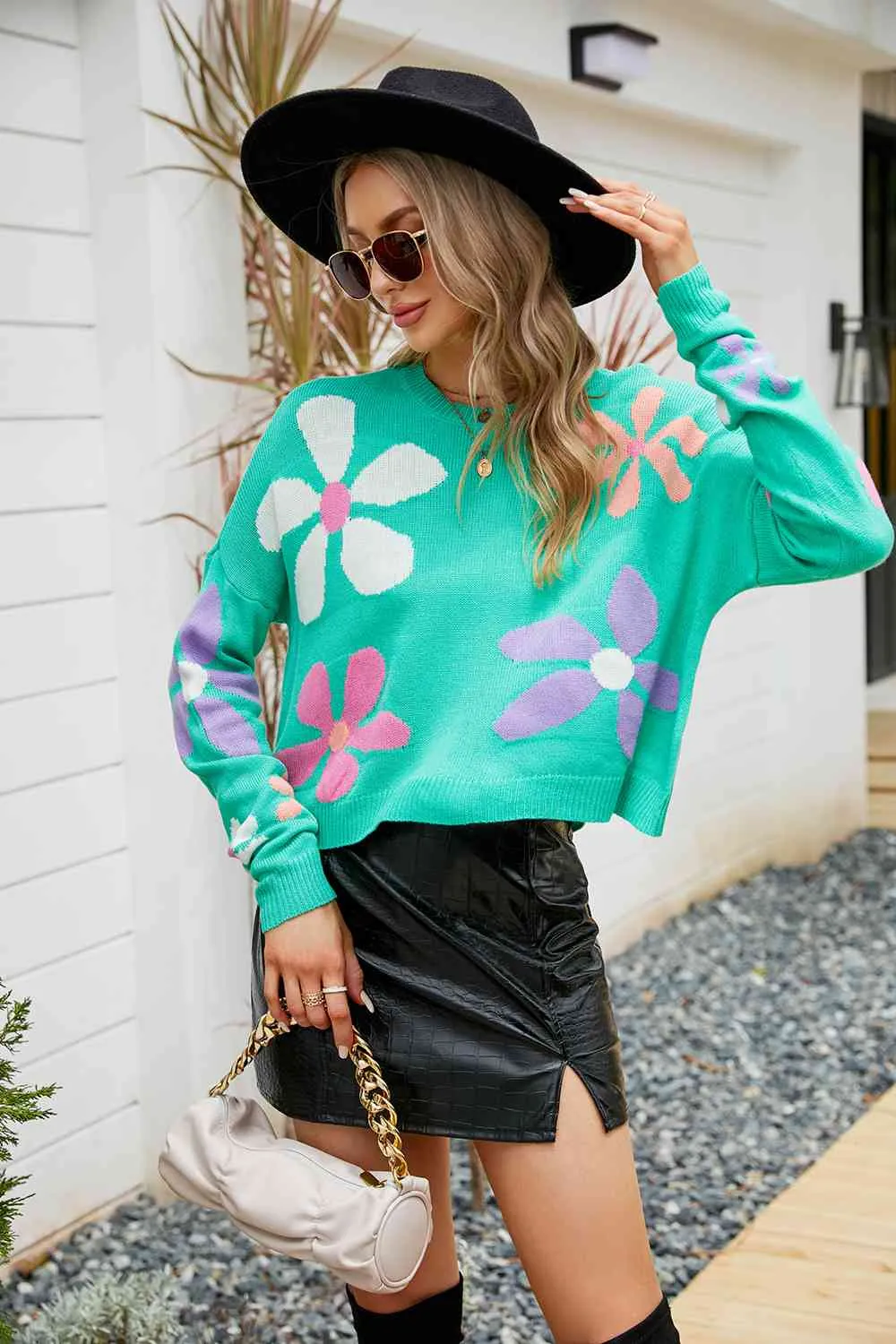 Colorful Knit Daisy Retro Flower Crop Top Long Sleeve Round Neck Sweater Shirt