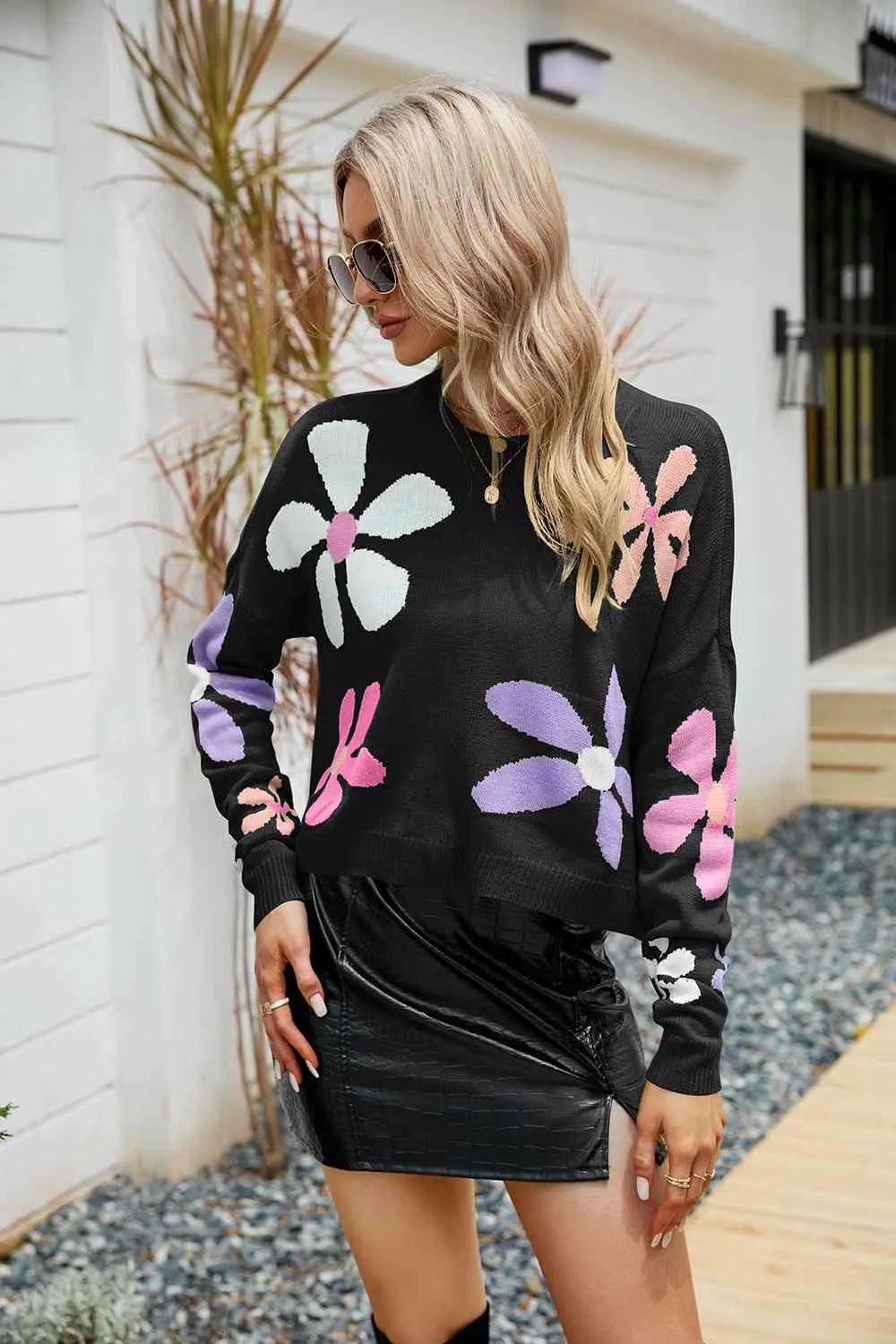 Colorful Knit Daisy Retro Flower Crop Top Long Sleeve Round Neck Sweater Shirt