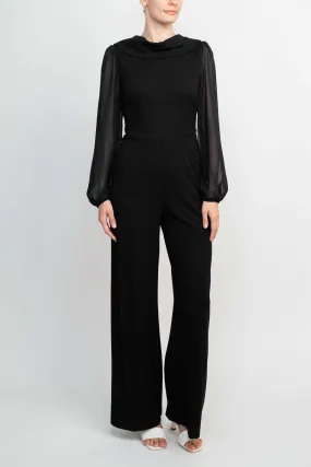 Connected Apparel Popover Neck Chiffon Long Sleeve Zipper Back Solid Jumpsuit