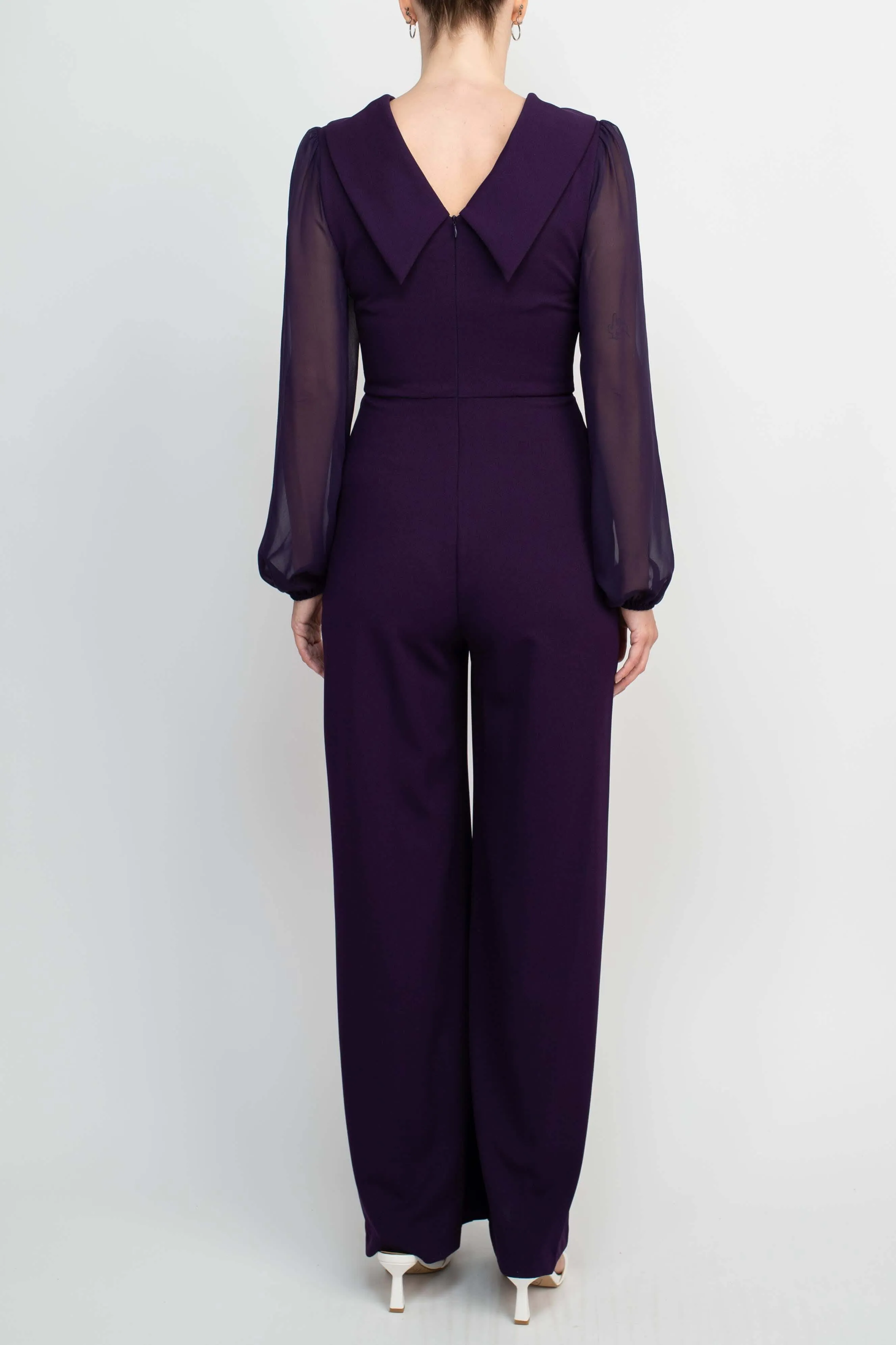 Connected Apparel Popover Neck Chiffon Long Sleeve Zipper Back Solid Jumpsuit