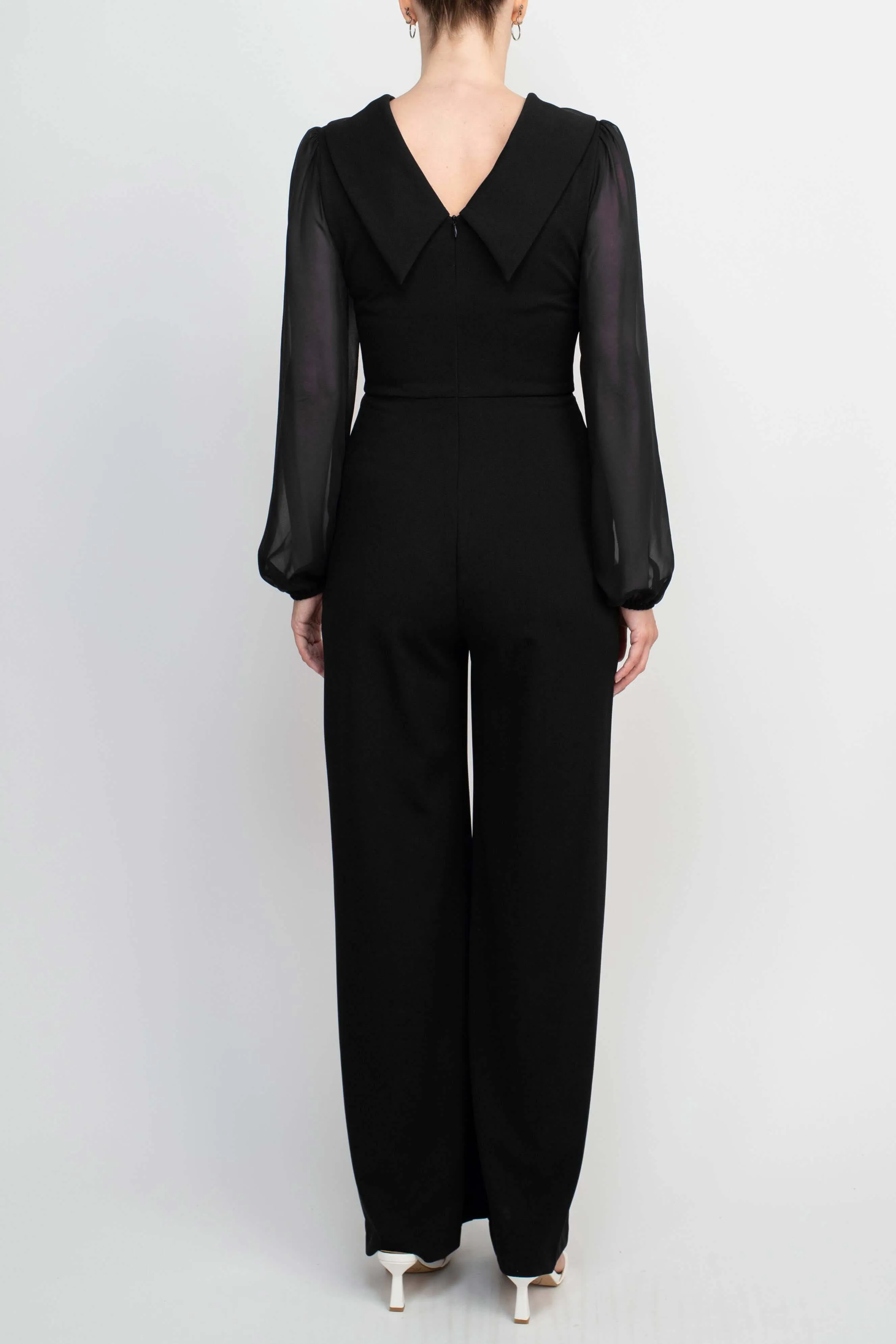 Connected Apparel Popover Neck Chiffon Long Sleeve Zipper Back Solid Jumpsuit