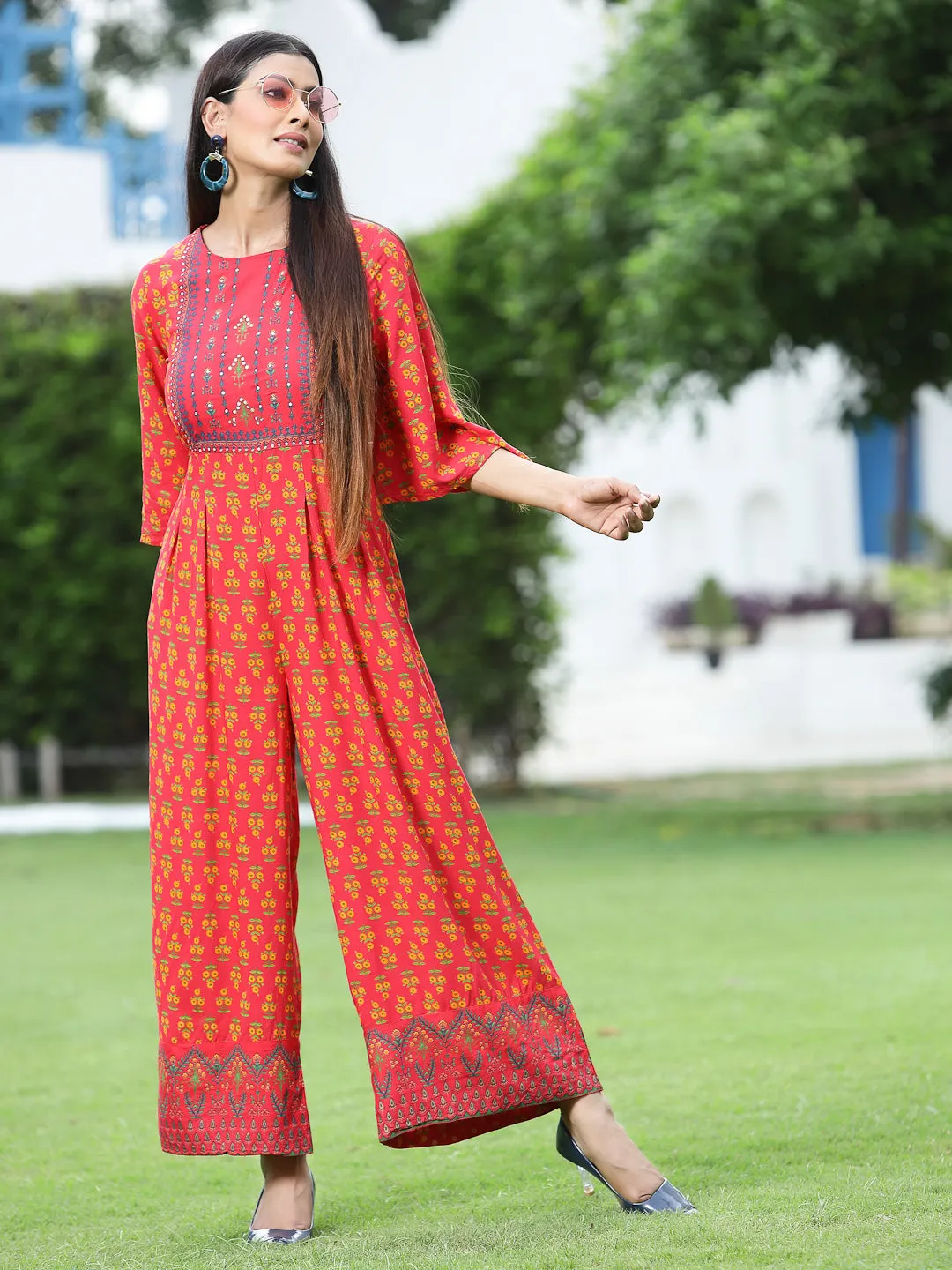 Coral Rayon Printed Flared Jumpsuit