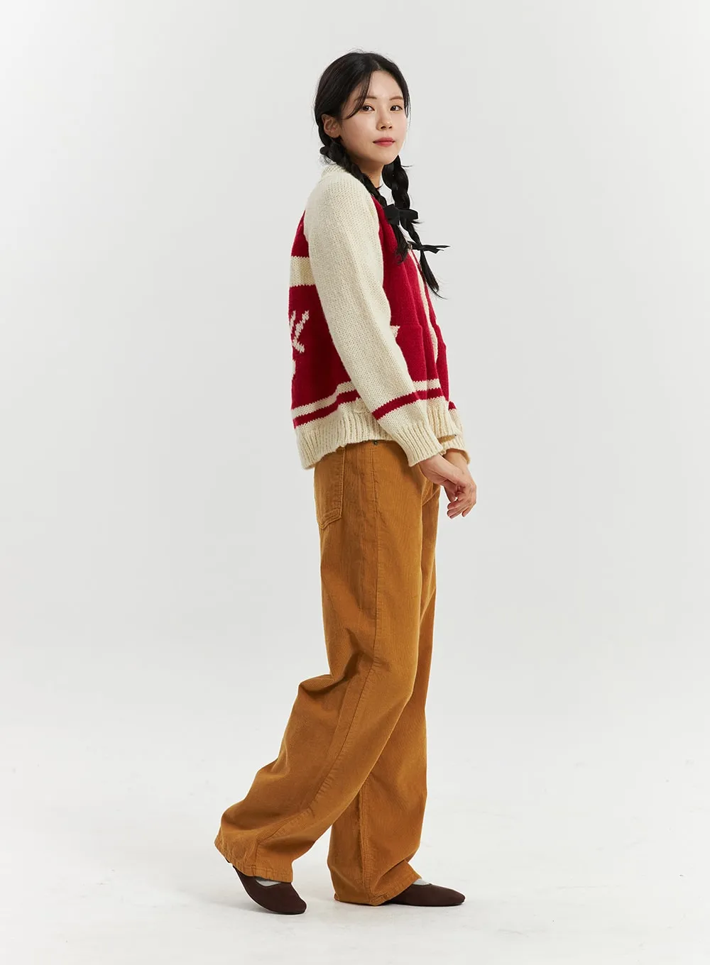 Corduroy Mid-Waist Solid Straight Pants OD320