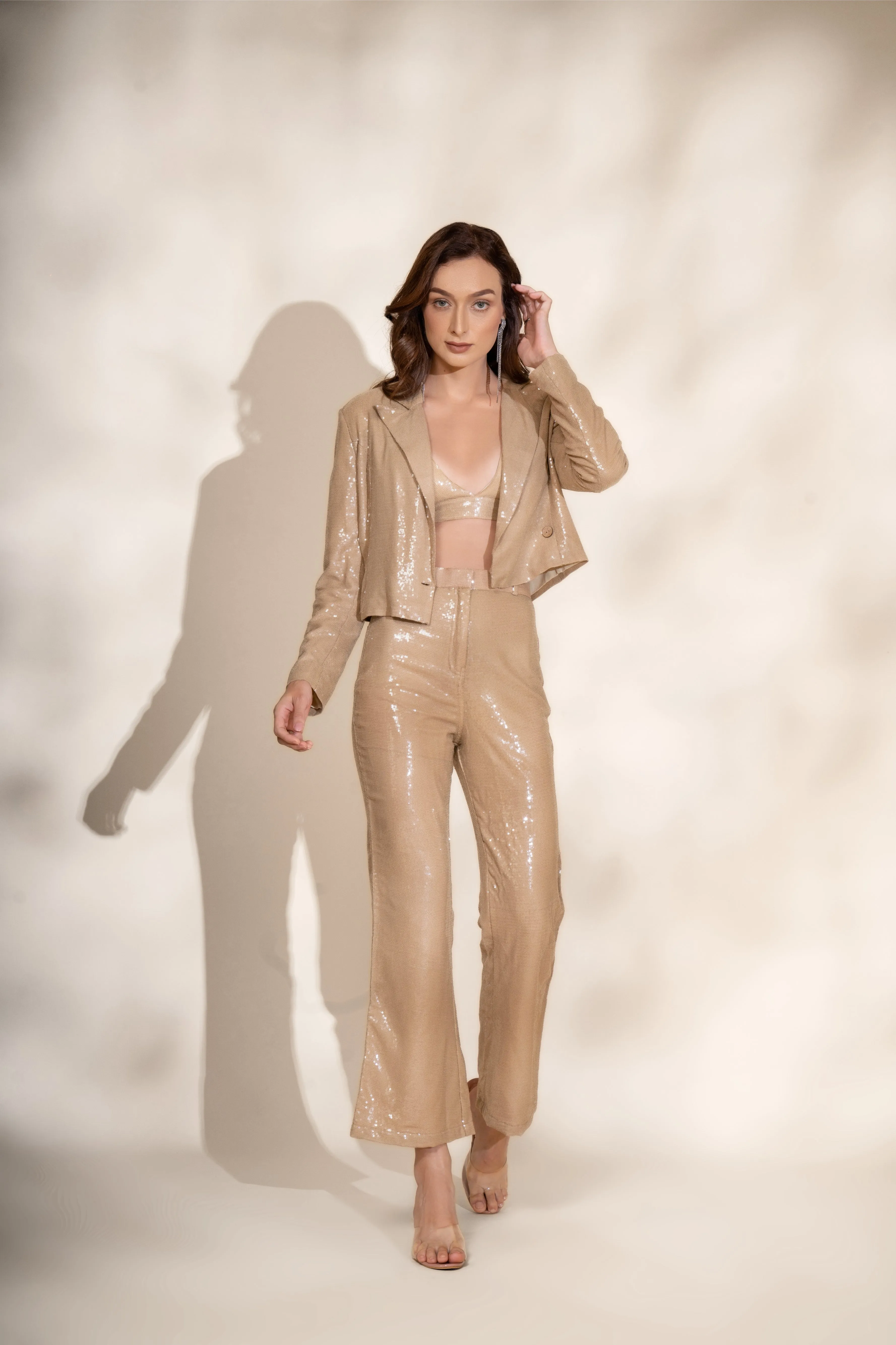 Cream Sequins Crop Blazer and Cream Sequins Pants Co-ord Set