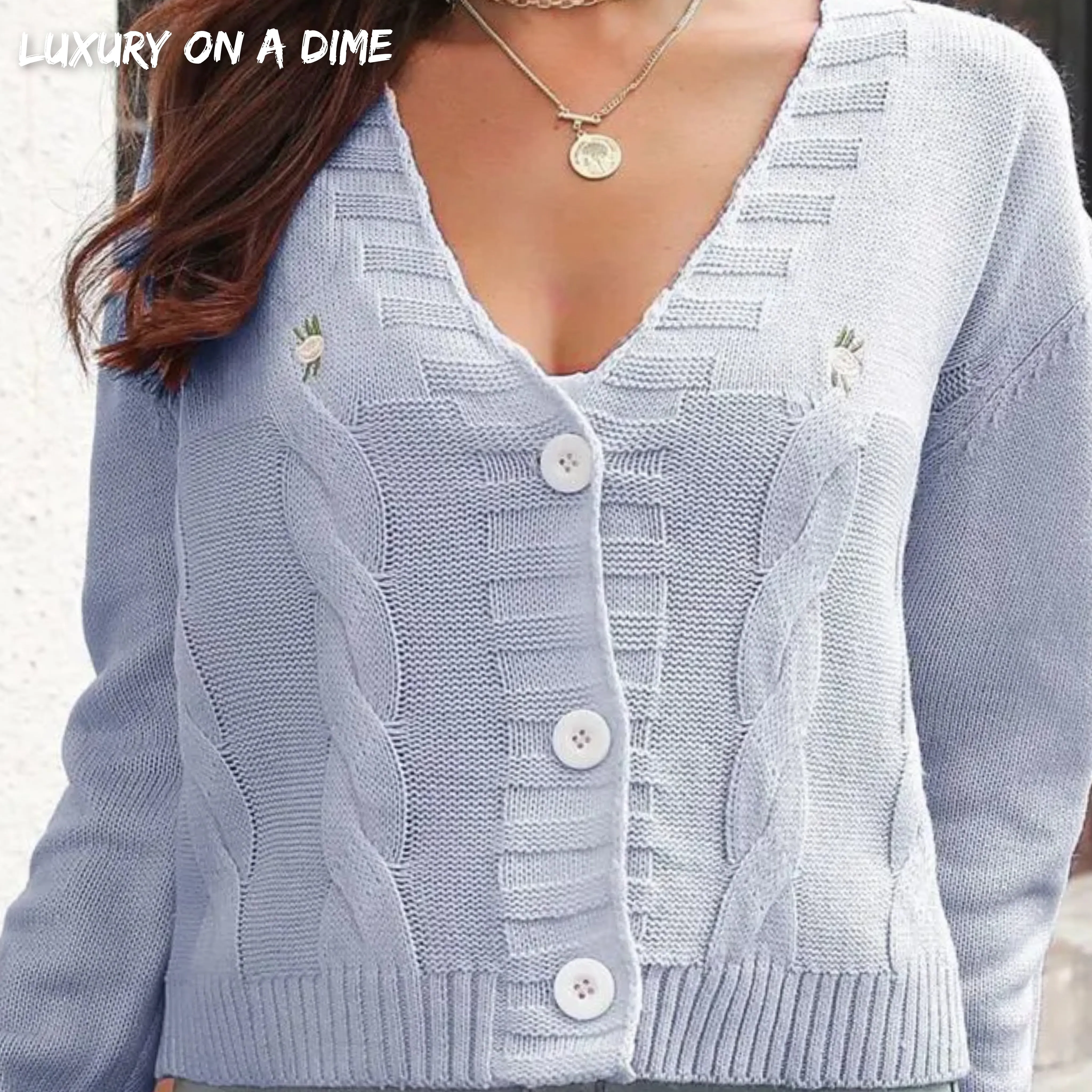 Cropped Cable Knit Embroidered Classic Button Front Retro Long Sleeve Cardigan