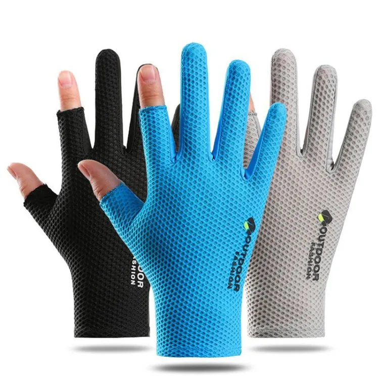 Cycling Thin Sunscreen UV Protection Mesh Breathable Ice Silk Two-finger Gloves(Blue)