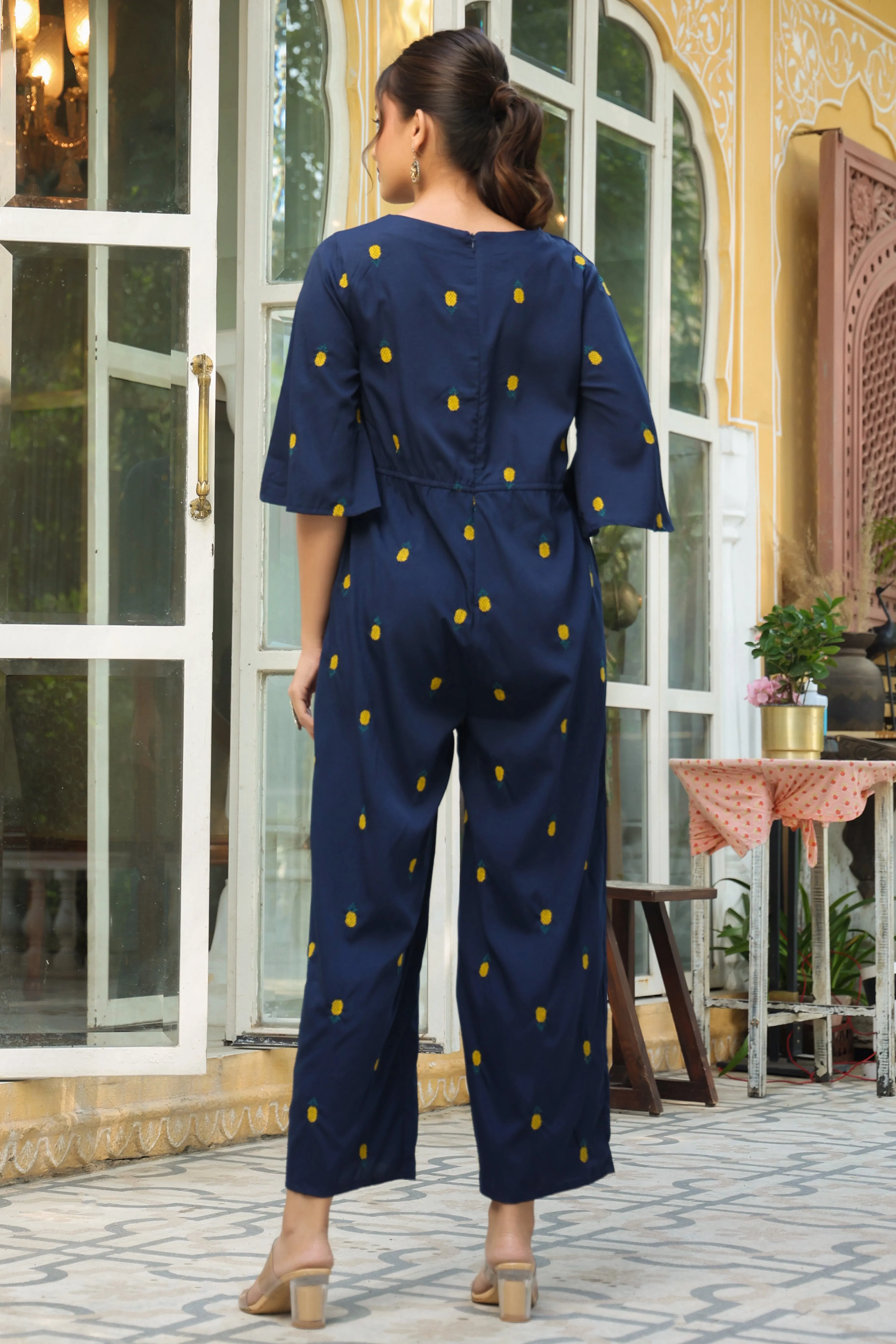 Dark Blue Poly Crepe Embroidered Jumpsuit