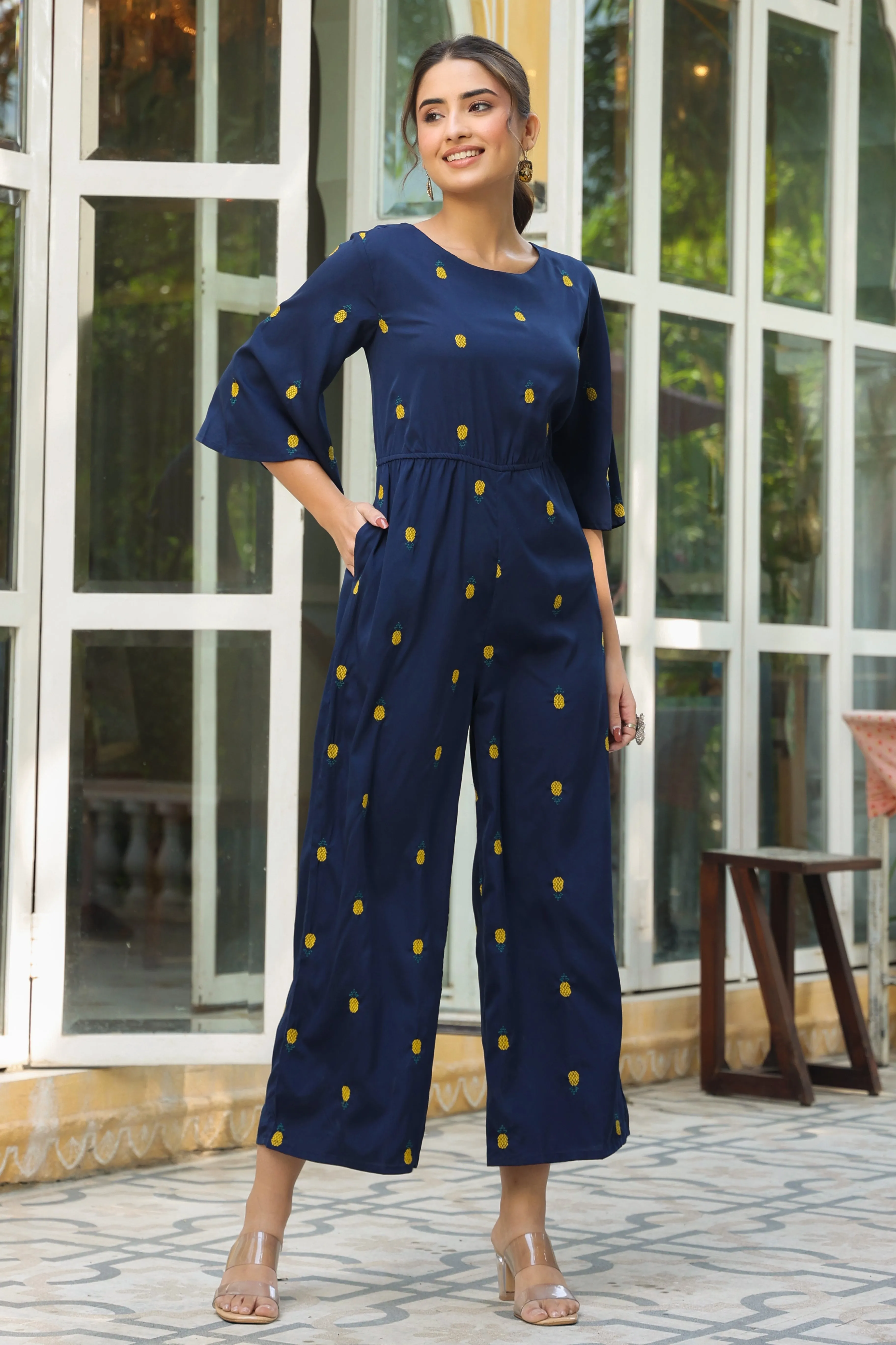 Dark Blue Poly Crepe Embroidered Jumpsuit