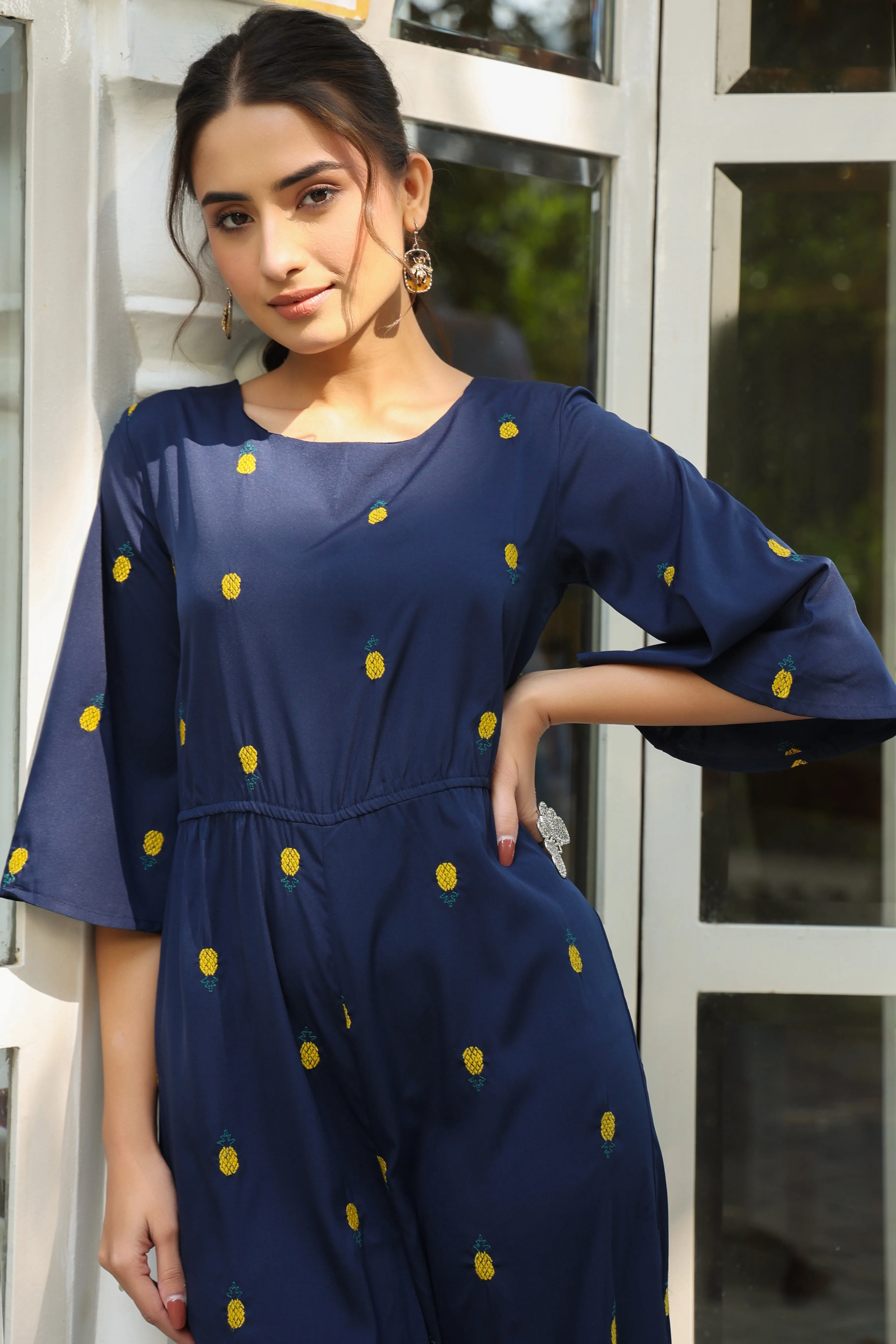 Dark Blue Poly Crepe Embroidered Jumpsuit