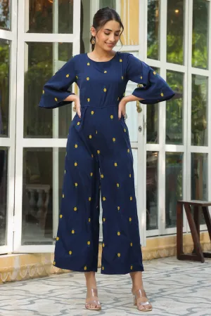 Dark Blue Poly Crepe Embroidered Jumpsuit