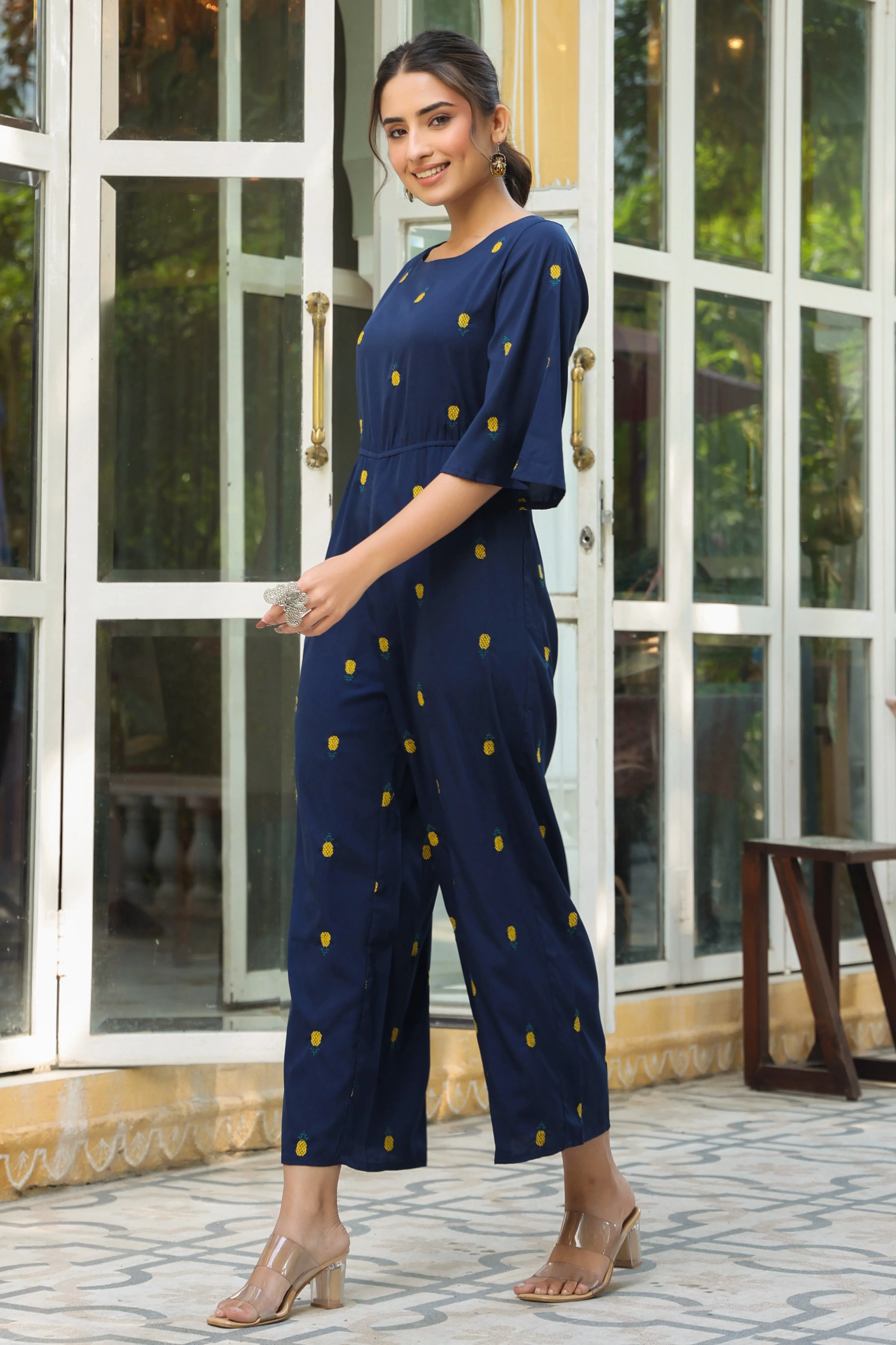 Dark Blue Poly Crepe Embroidered Jumpsuit