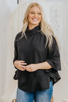 *DEAL*: A Class Of Your Own 3/4 Sleeve Cowl Neck Poncho Top in Black