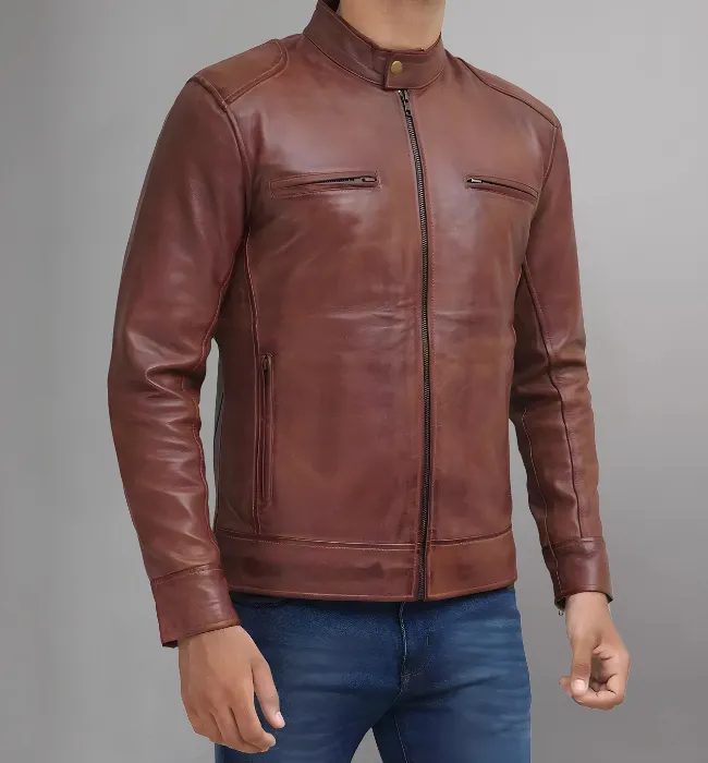 Dodge Mens Black Cafe Racer Leather Jacket