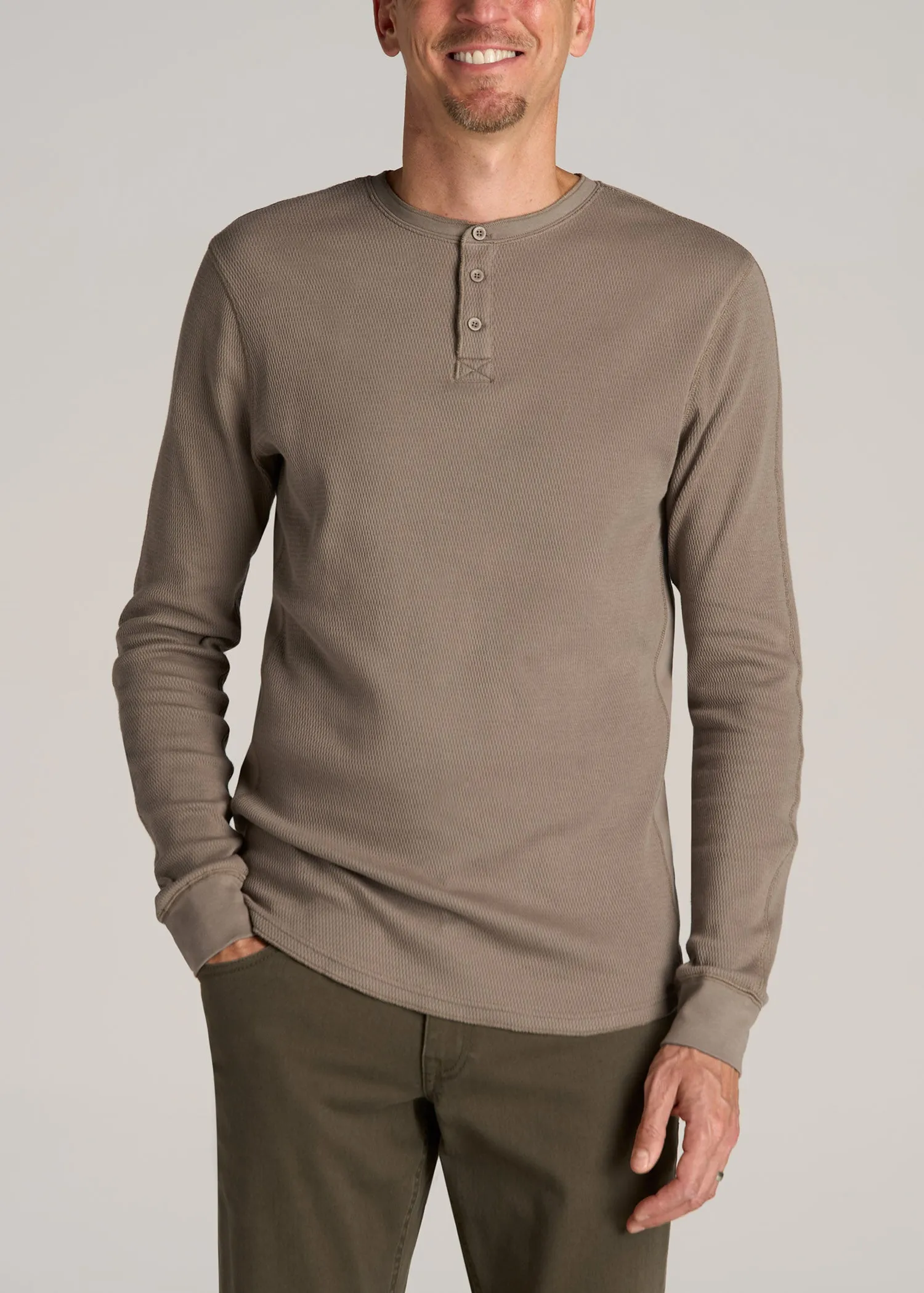 Double Honeycomb Thermal Long-Sleeve Henley Shirt for Tall Men in Dark Sand