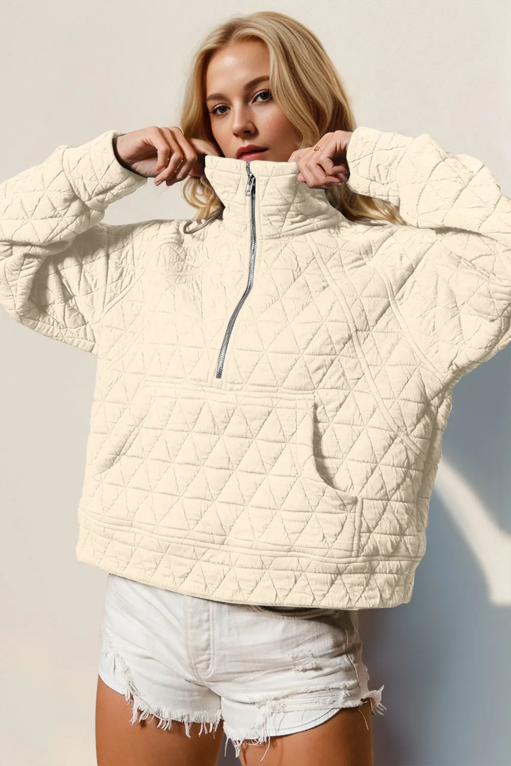 Double Take Half Zip Long Sleeve Quilted Sweatshirt with Pocket