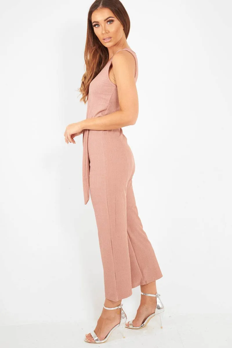 Dusky Pink Plunge Ribbed Tie Waist Jumpsuit - Magdalena