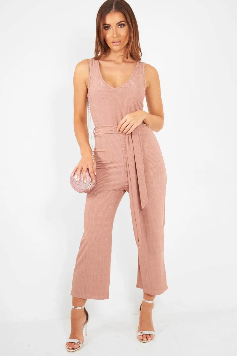 Dusky Pink Plunge Ribbed Tie Waist Jumpsuit - Magdalena