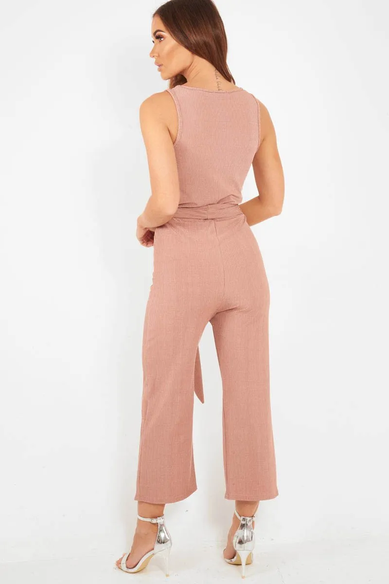 Dusky Pink Plunge Ribbed Tie Waist Jumpsuit - Magdalena