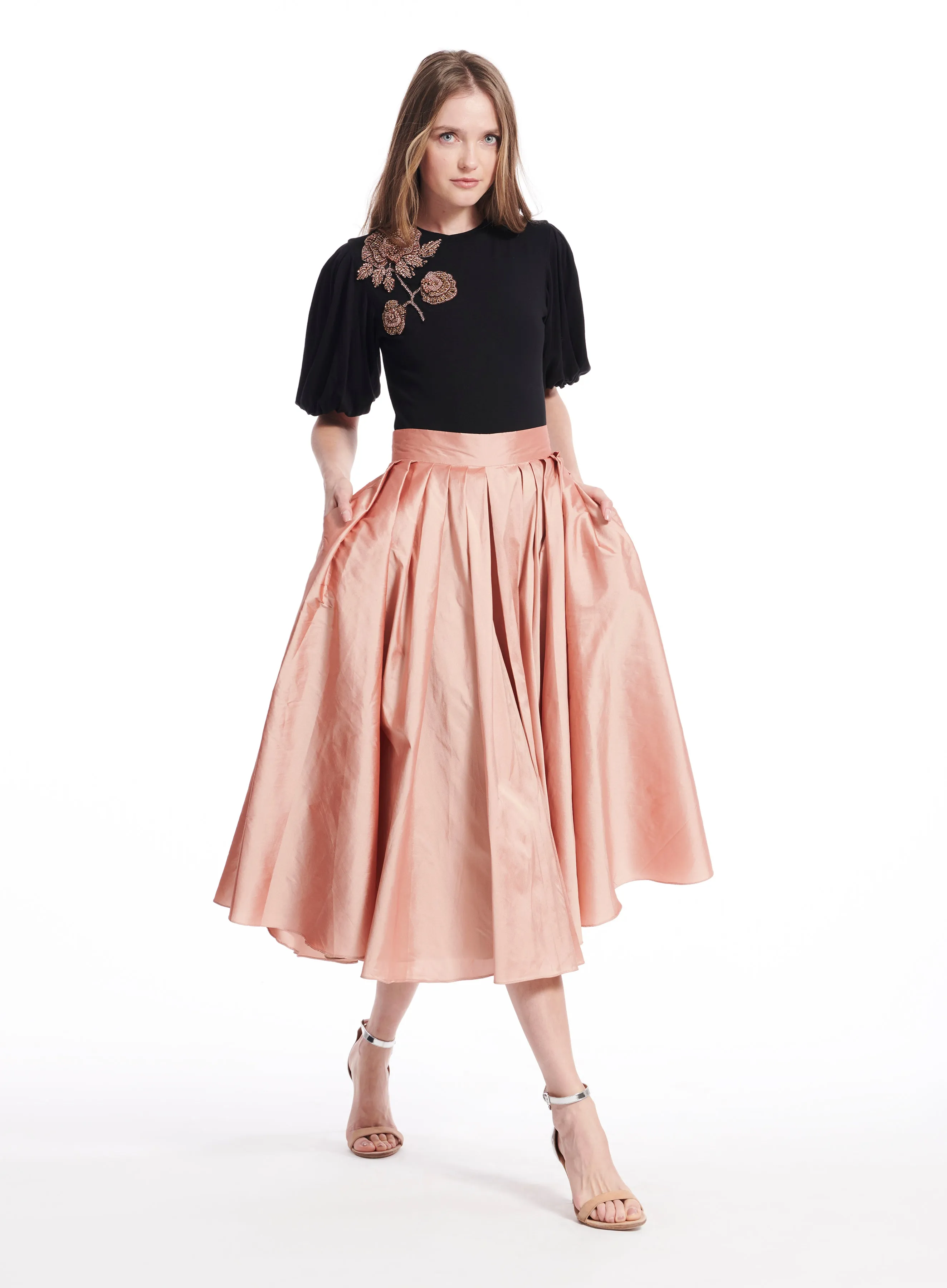 EMERALD TAFFETA TEA LENGTH MIDI SKIRT