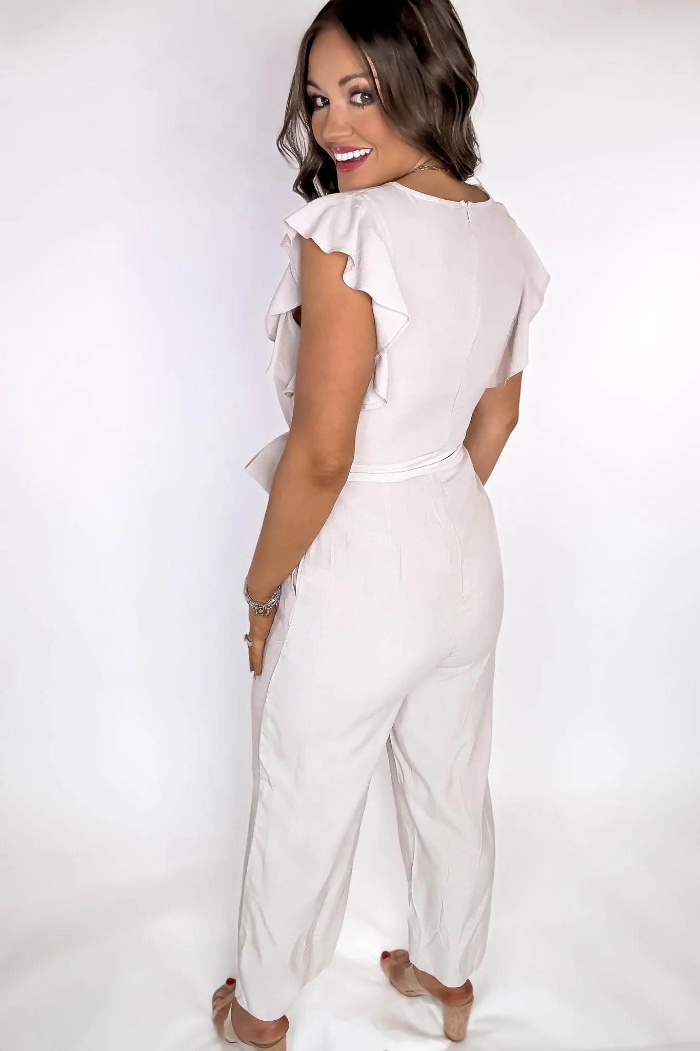 Excited To See Beige Ruffle Sleeve Jumpsuit