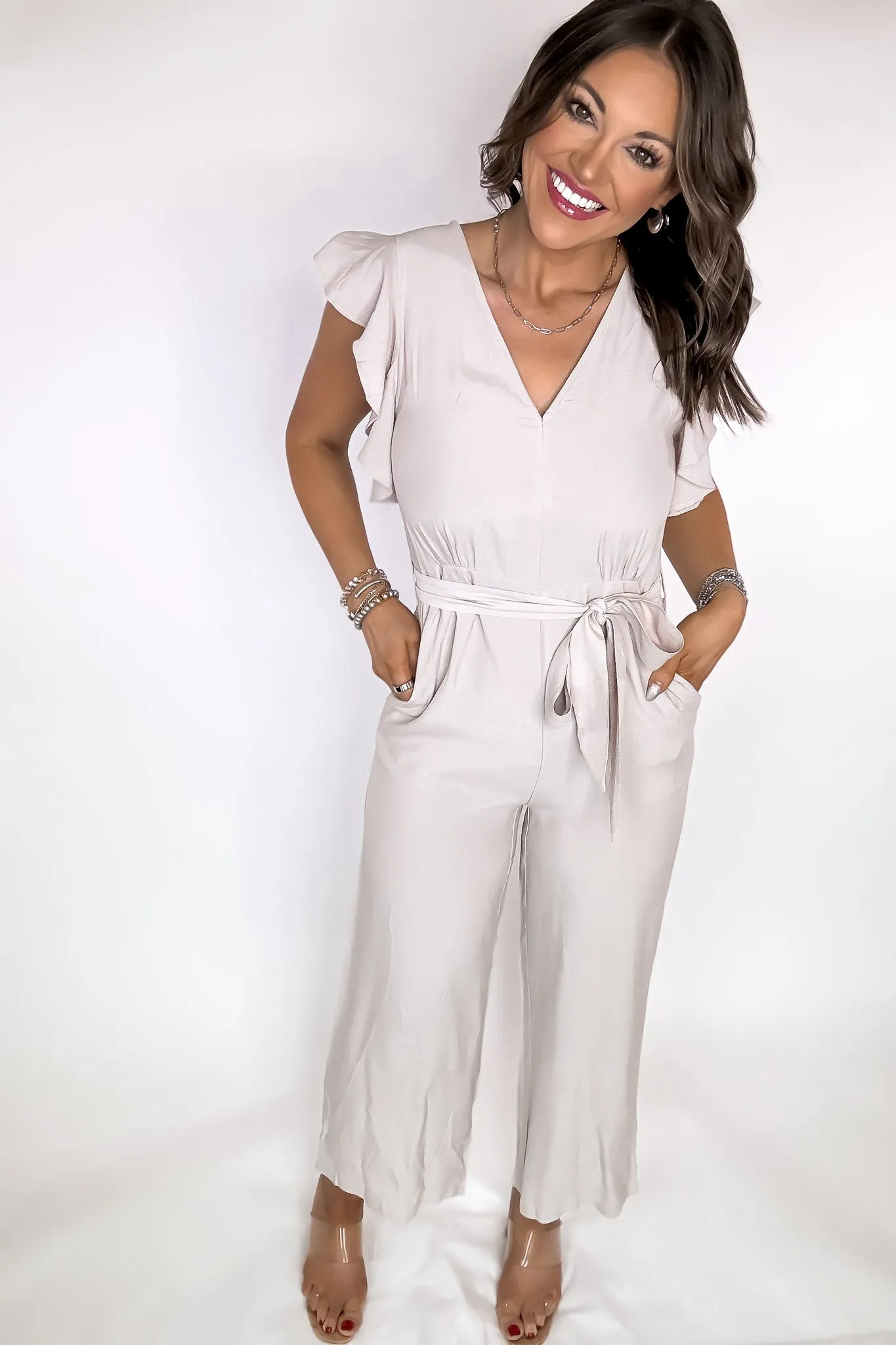 Excited To See Beige Ruffle Sleeve Jumpsuit