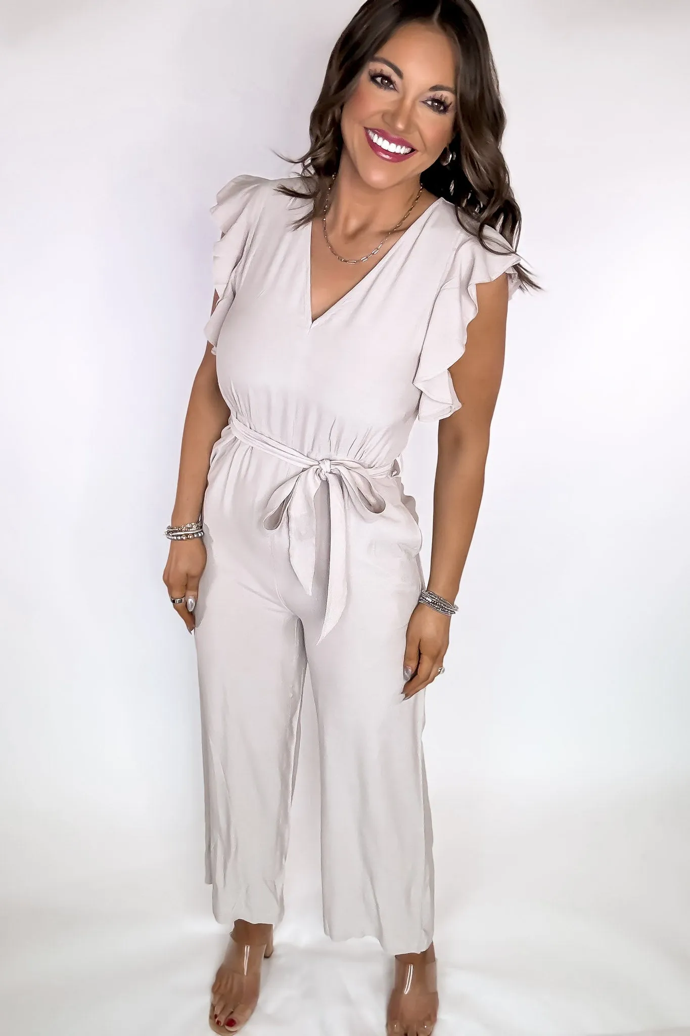 Excited To See Beige Ruffle Sleeve Jumpsuit